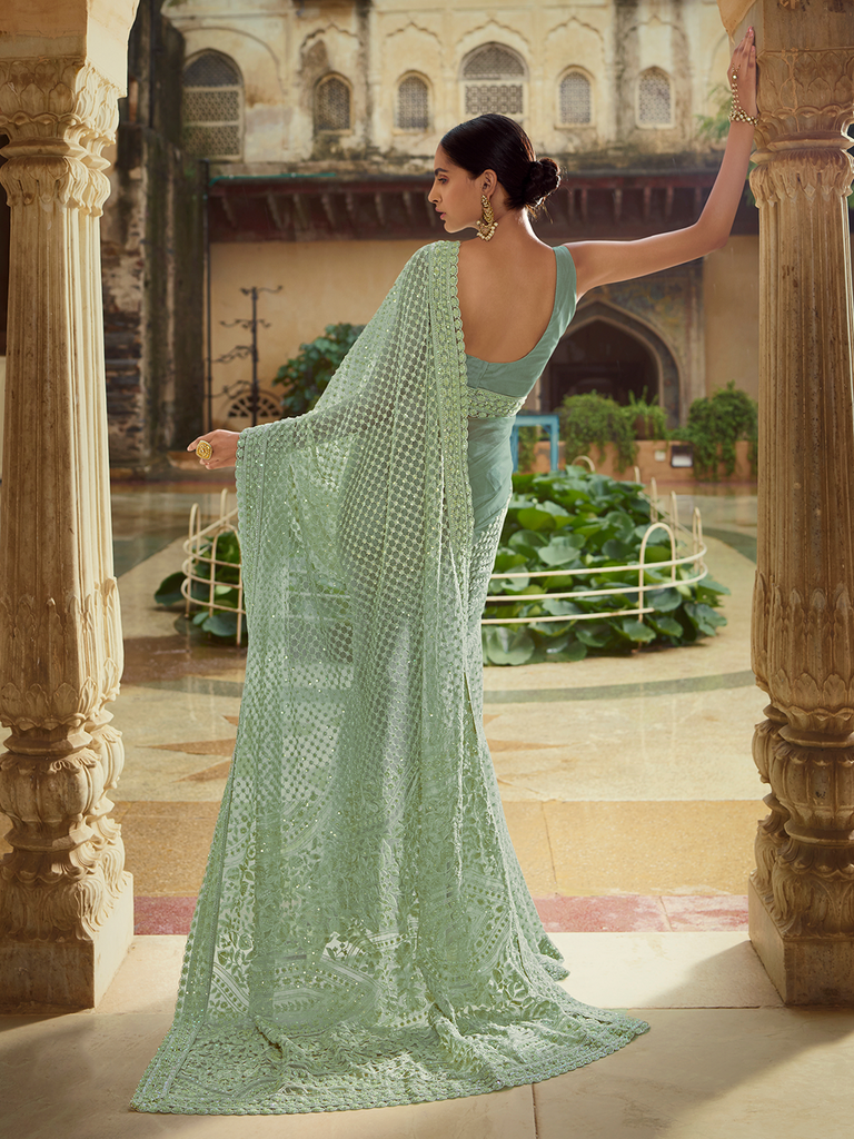 Green Soft Net Saree With Unstitched Blouse Clothsvilla