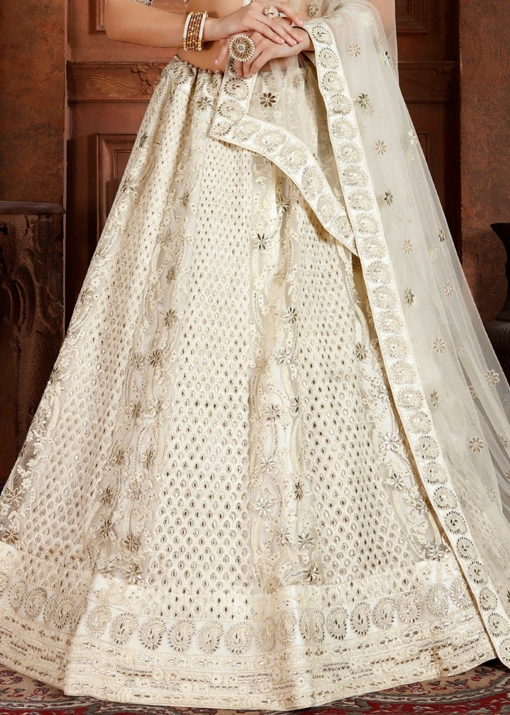 Daisy White Soft Net Lehenga Choli with Thread,Zari, Zarkan & Pearl work Clothsvilla