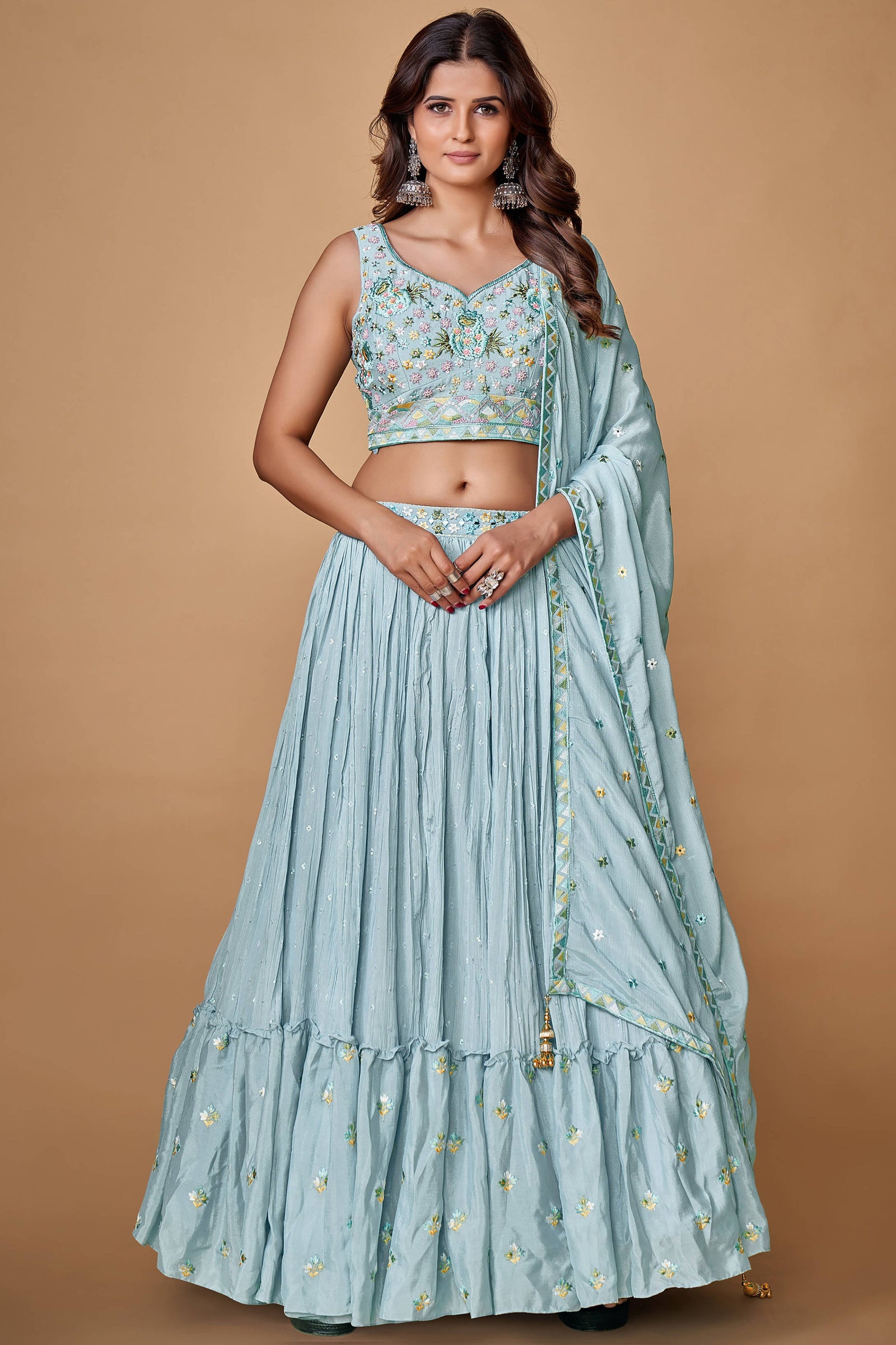 Powder Blue Thread Work Chiffon Silk Engagement Wear Lehenga Choli Clothsvilla