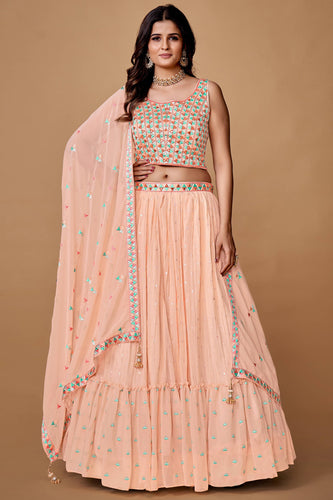 Peach Thread Work Georgette Reception Wear Lehenga Choli Clothsvilla