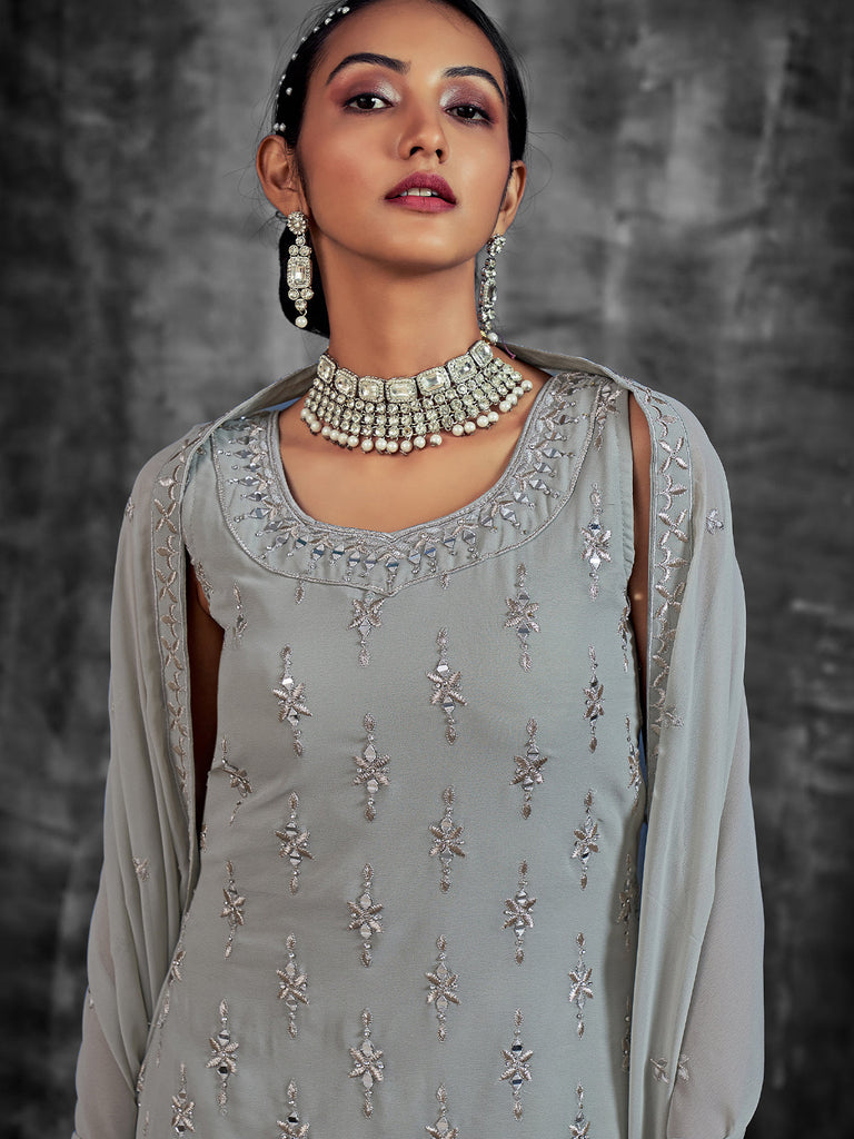 Grey Embroidered Partywear Stitched Kurta Set Clothsvilla