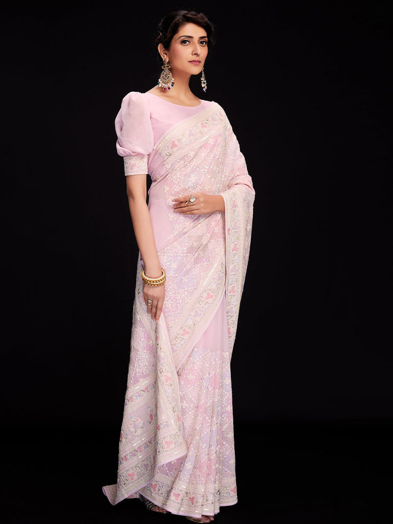 BLUSH PINK CHANDERI SAREE WITH BEAUTIFUL WHITE EMBROIDERY –  ShopBollyWear.Com