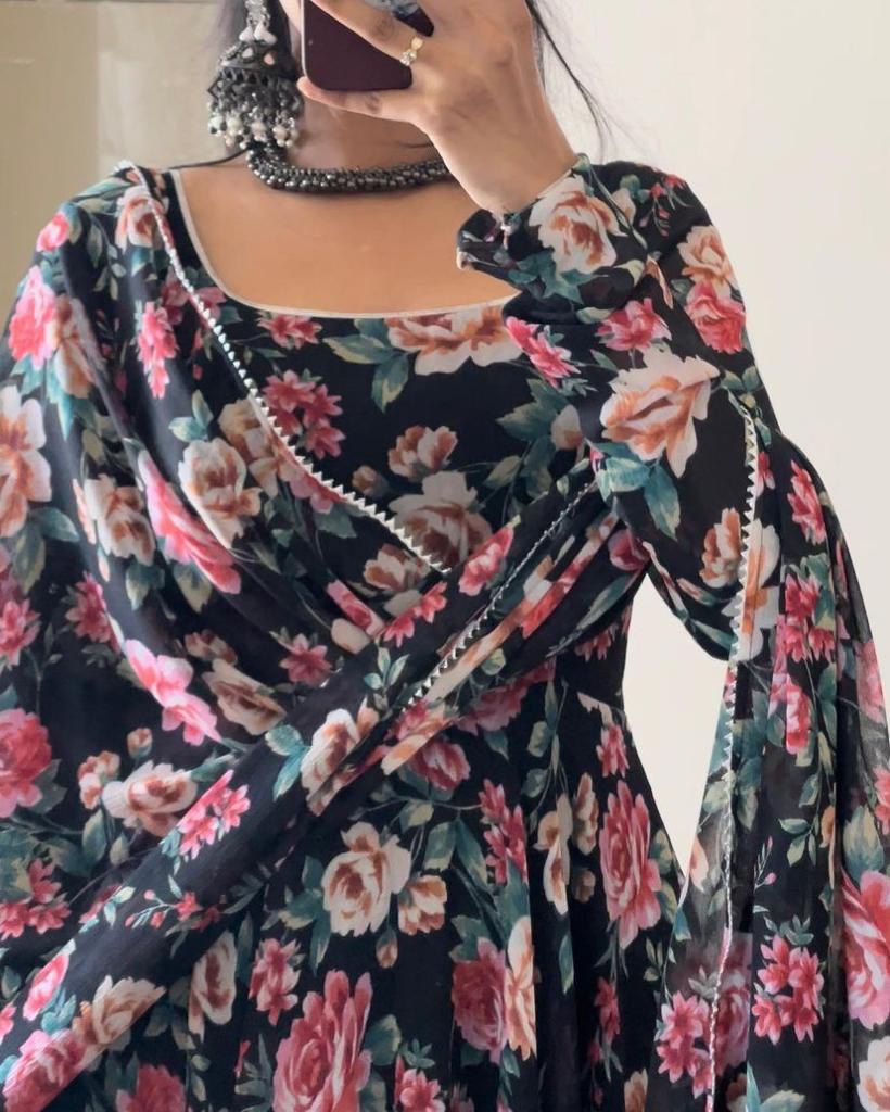 Floral Printed Black Color Designer Gown Clothsvilla