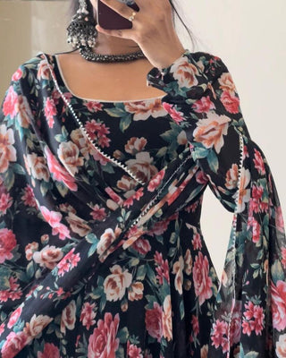 Floral Printed Black Color Designer Gown Clothsvilla