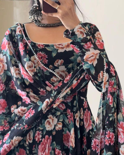 Floral Printed Black Color Designer Gown Clothsvilla