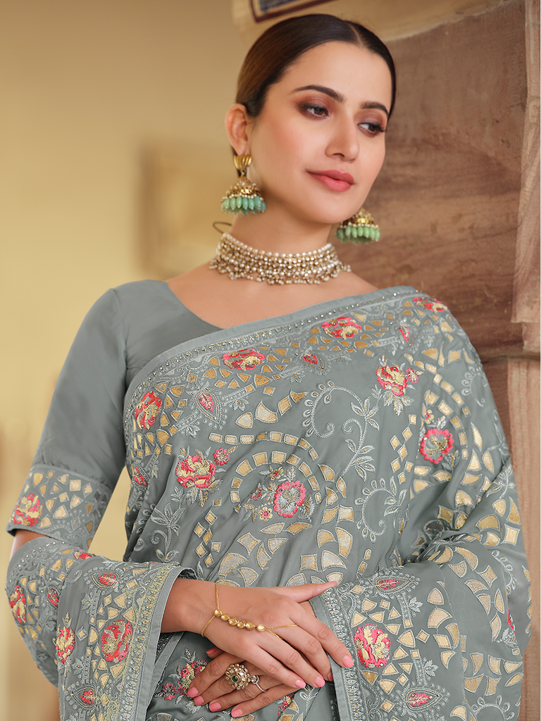 Grey Satin Georgette Saree With Unstitched Blouse Clothsvilla