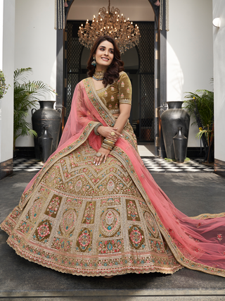 Olive Green Velvet Semi Stitched Lehenga With Unstitched Blouse Clothsvilla