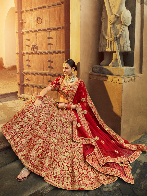 Red Embroidered Velvet Semi Stitched Lehenga With Unstitched Blouse Clothsvilla