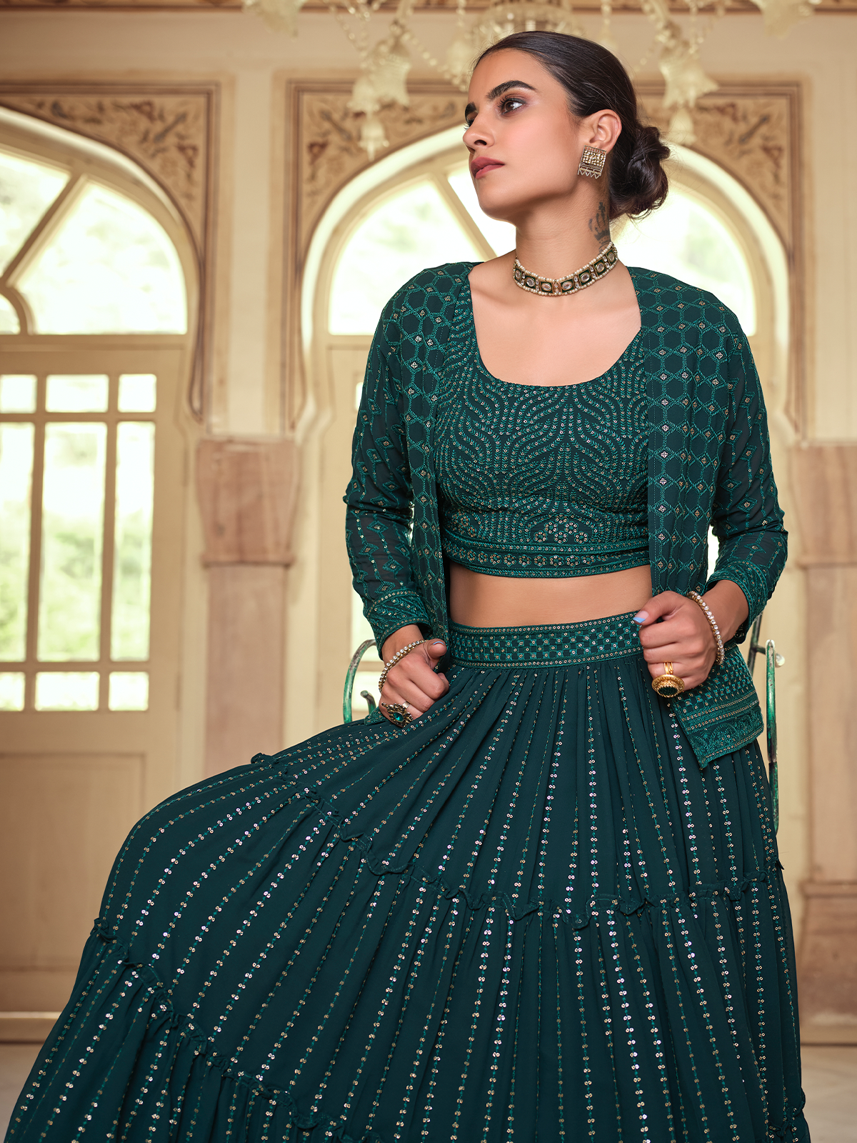 Dark Green Embroidered Georgette Semi Stitched Lehenga With Unstitched Blouse Clothsvilla