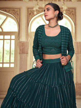 Dark Green Embroidered Georgette Semi Stitched Lehenga With Unstitched Blouse Clothsvilla