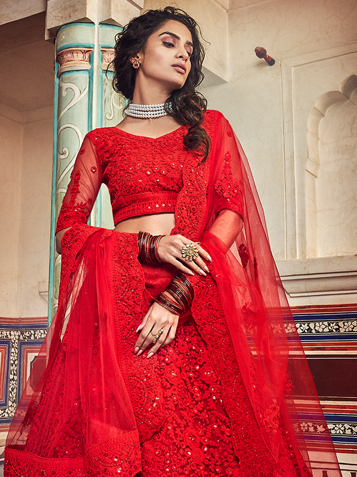 Red Embroidered Soft Net Semi Stitched Lehenga With Unstitched Blouse Clothsvilla
