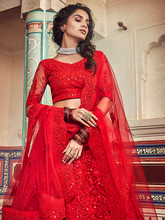 Load image into Gallery viewer, Red Embroidered Soft Net Semi Stitched Lehenga With Unstitched Blouse Clothsvilla