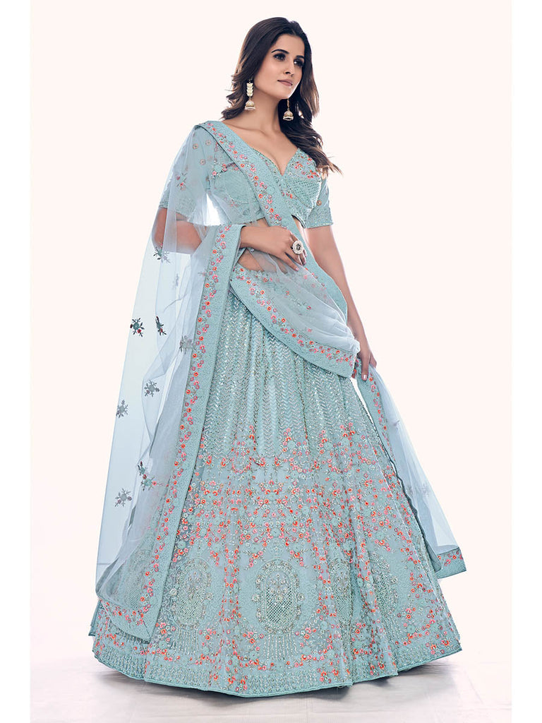 Firozi Soft Net Embroidered Designer Lehenga Choli Clothsvilla