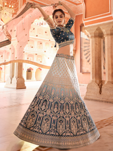 Load image into Gallery viewer, Blue Embroidered Velvet Semi Stitched Lehenga With Unstitched Blouse Clothsvilla