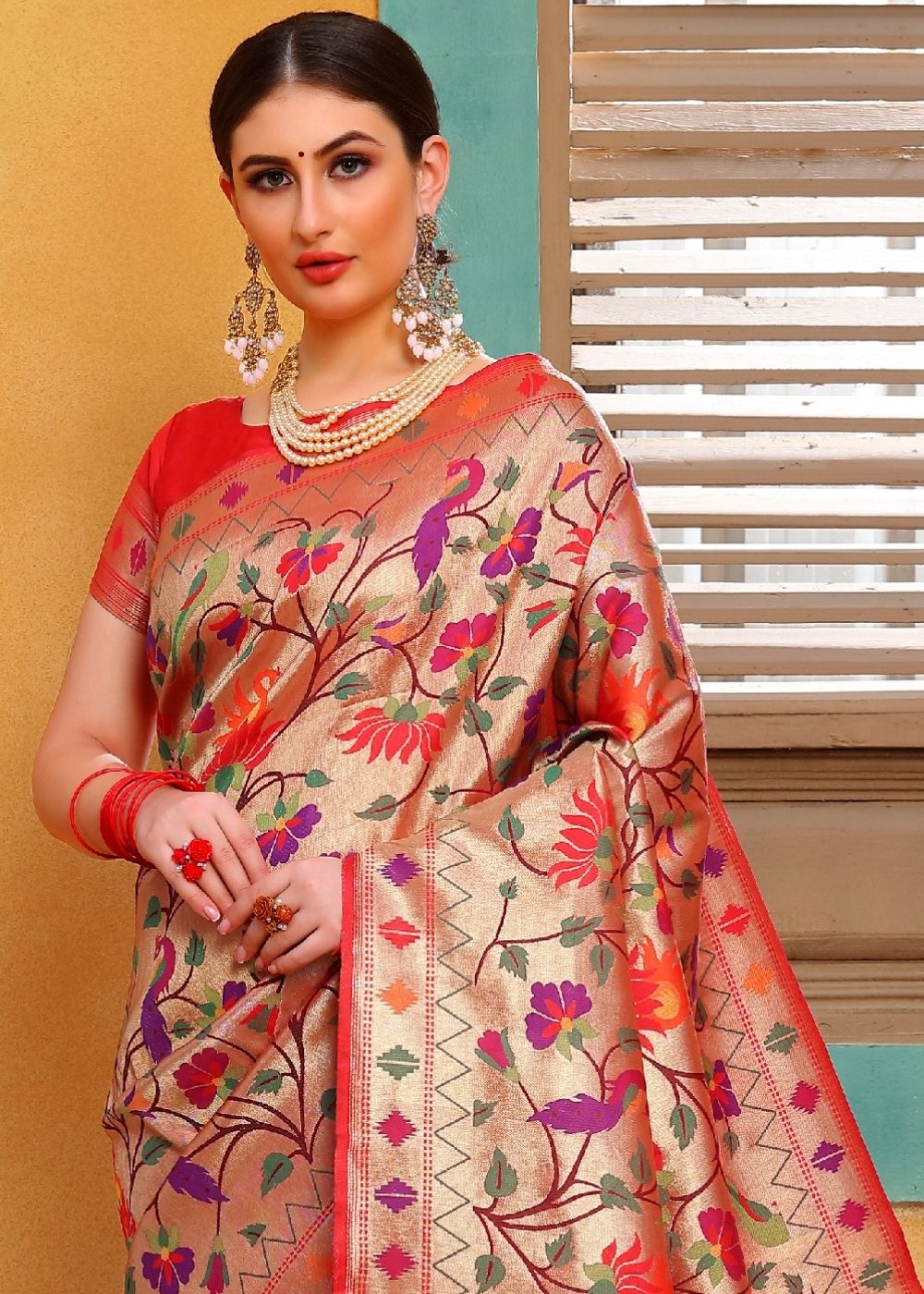 Cherry Red and Golden Blend  Paithani Silk Saree Clothsvilla