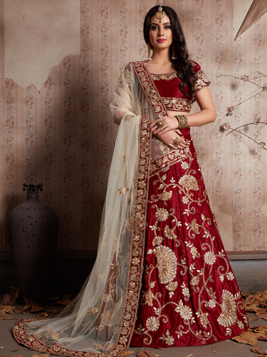 Maroon Embroidered Semi Stitched Lehenga With Unstitched Blouse Clothsvilla