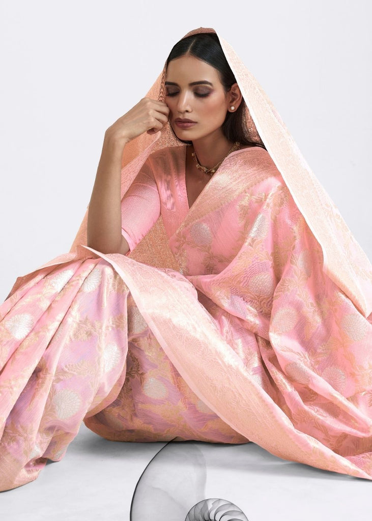 Rose Pink Zari Woven Linen Silk Saree Clothsvilla