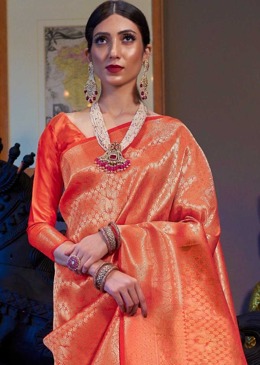 Golden Orange Kanjivaram Soft Woven Silk Saree Secondary image