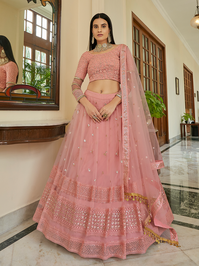 Pink Embroidered Soft Net Semi Stitched Lehenga With Unstitched Blouse Clothsvilla