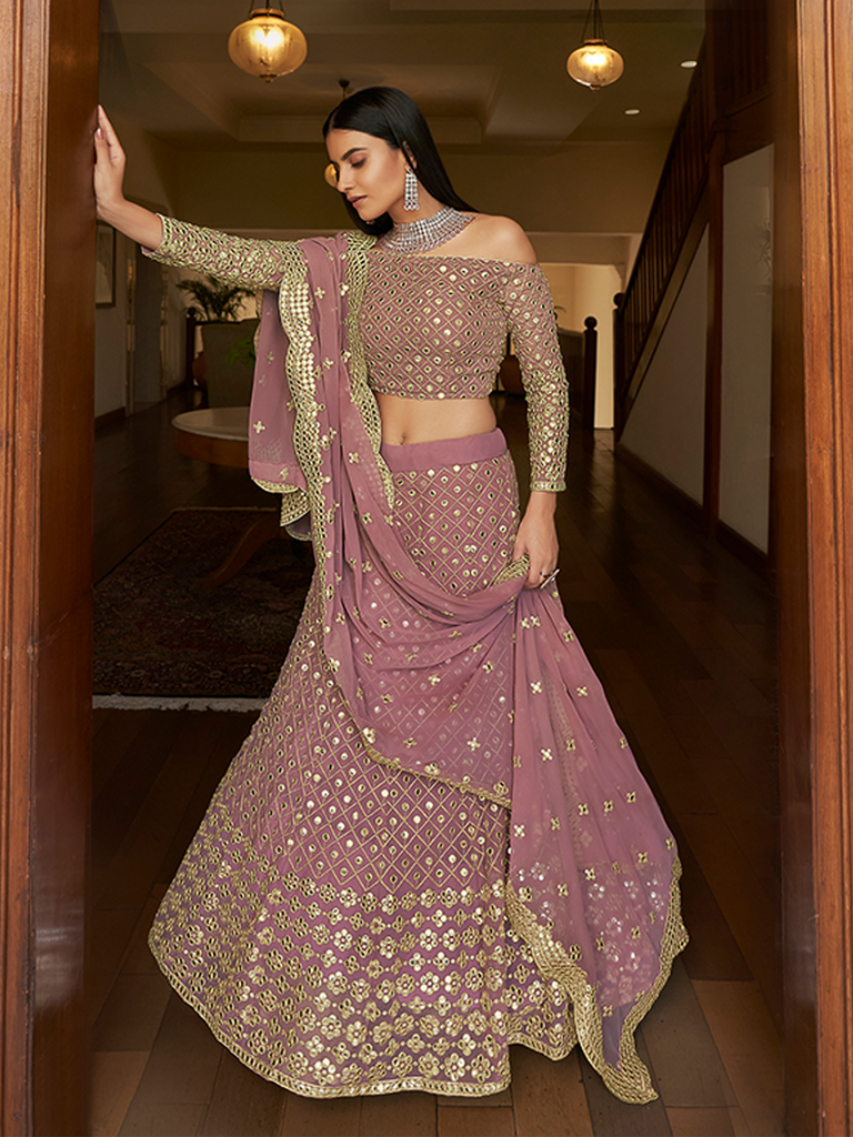 Purple Embroidered Georgette Semi Stitched Lehenga With Unstitched Blouse Clothsvilla