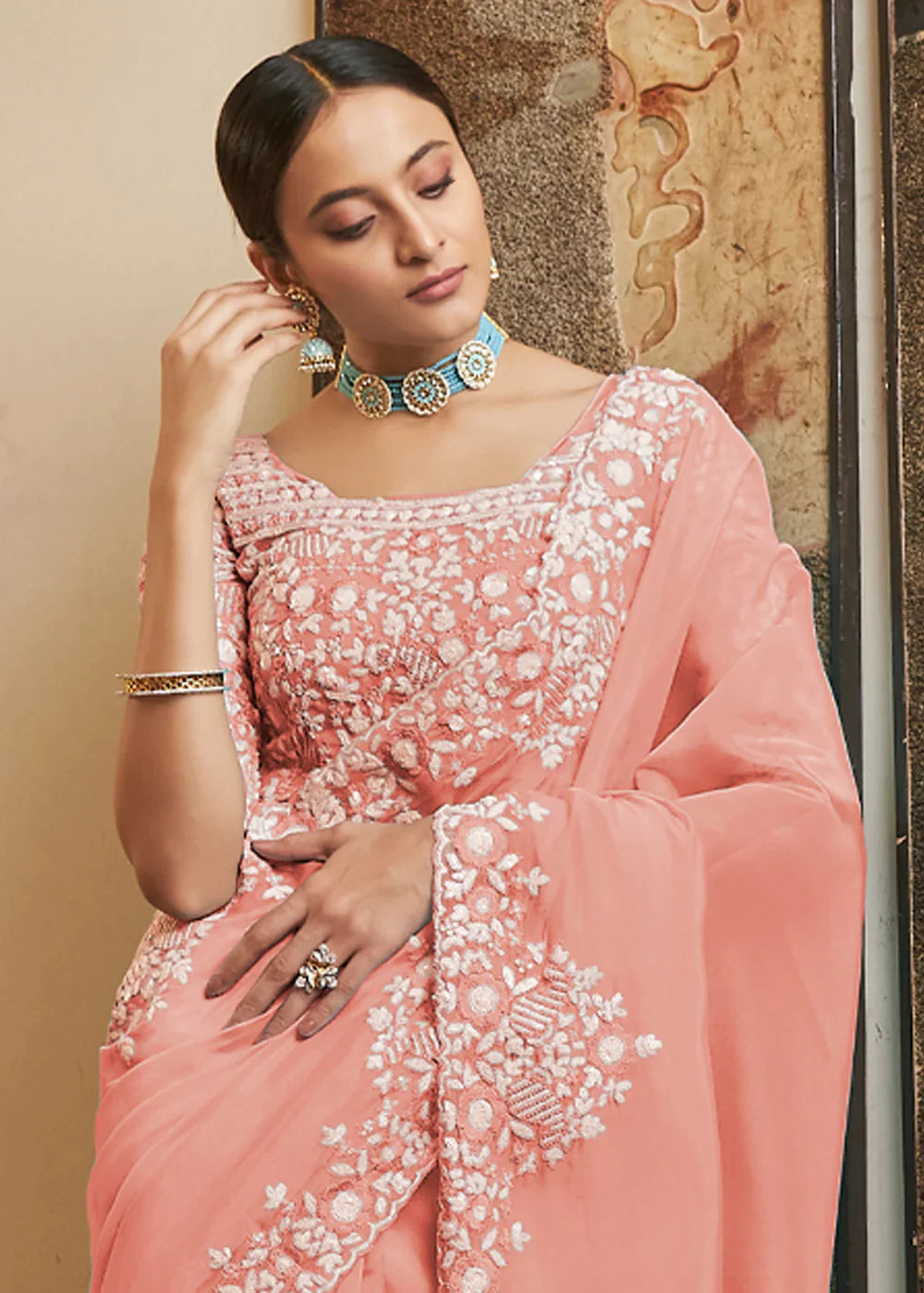 PEACH PINK ORGANZA SAREE WITH SEQUINS, RESHAM & CUT-WORK Clothsvilla