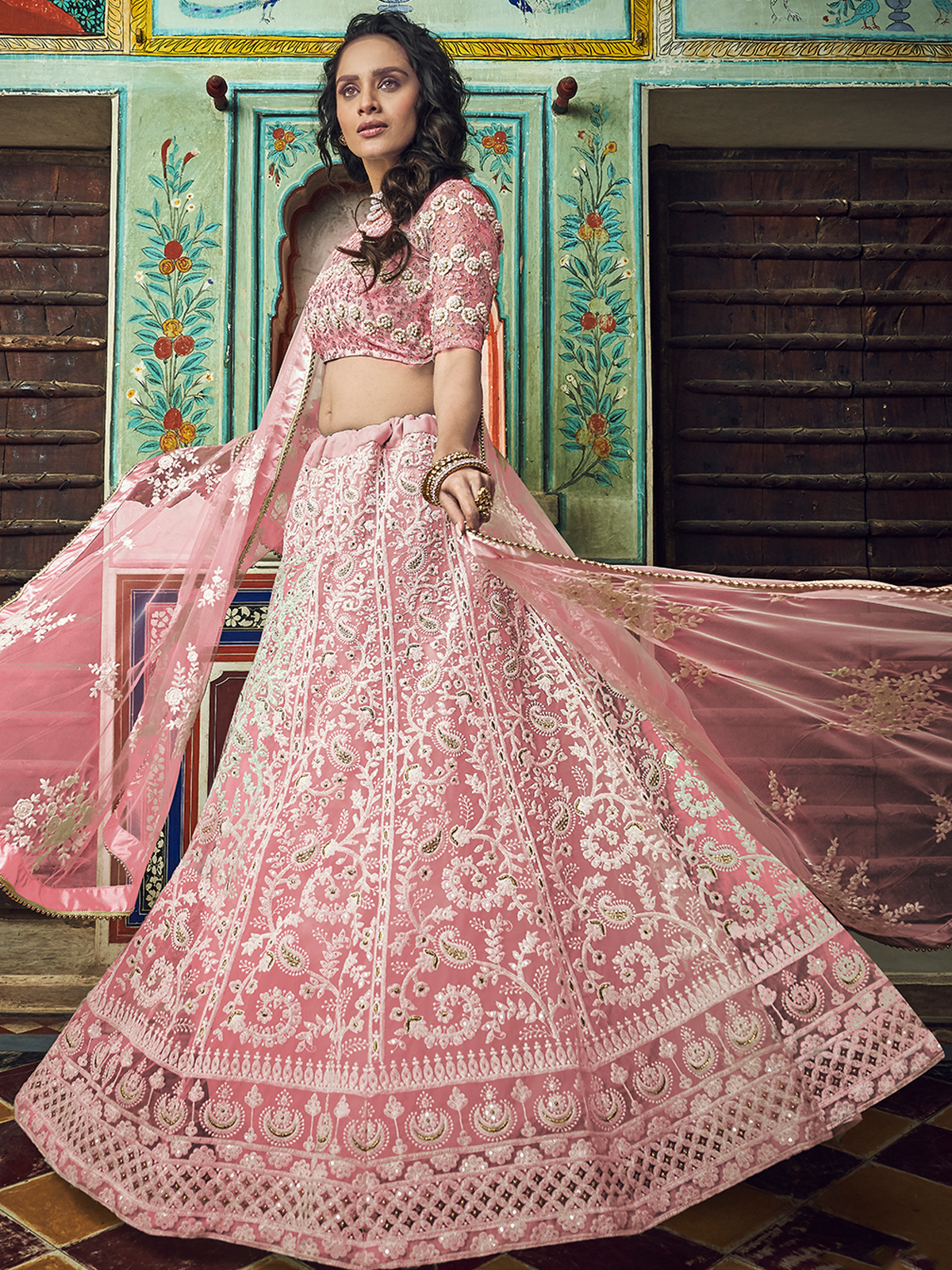 Pink Embroidered Soft Net Semi Stitched Lehenga With Unstitched Blouse Secondary image