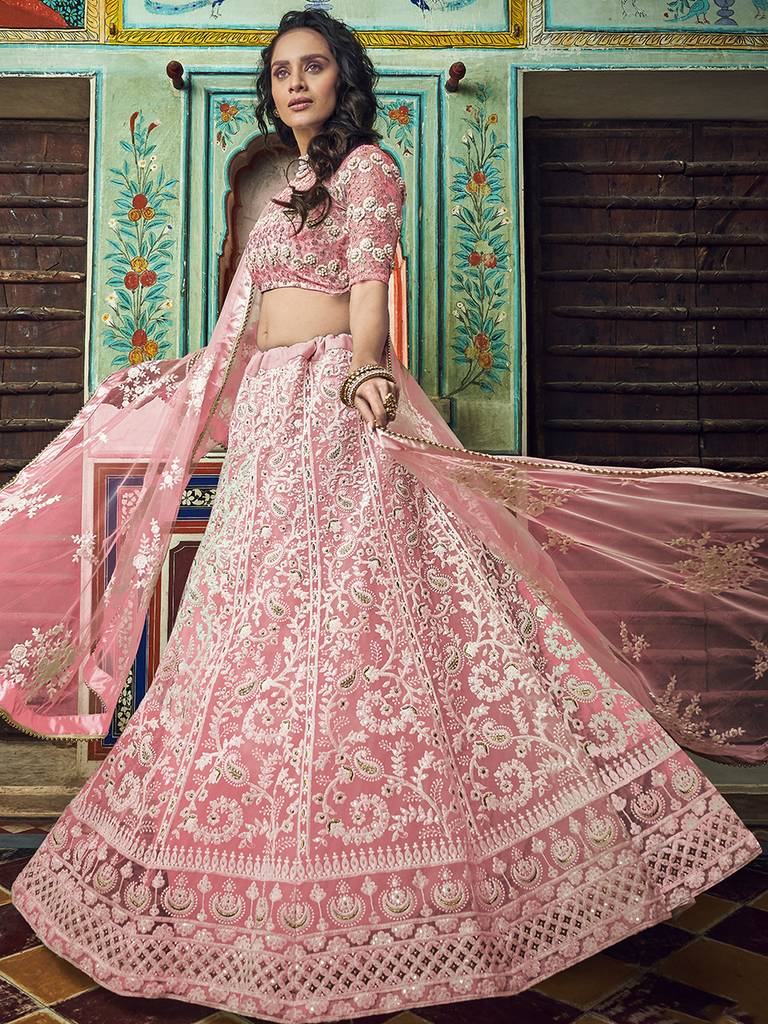 Pink Embroidered Soft Net Semi Stitched Lehenga With Unstitched Blouse Clothsvilla