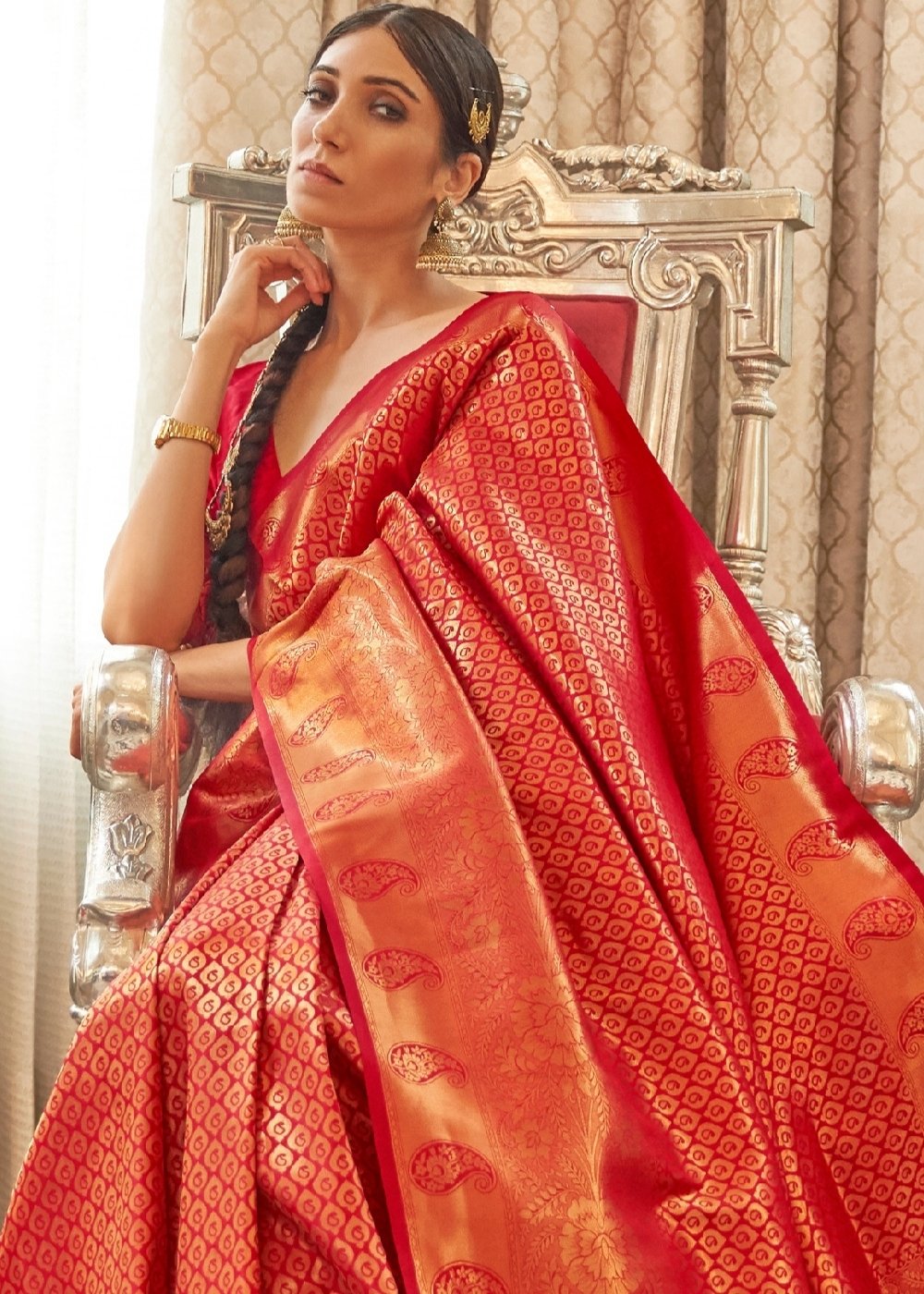 Vermilion Red Zari Woven Kanjivaram Silk Saree with Tassels on Pallu Secondary image