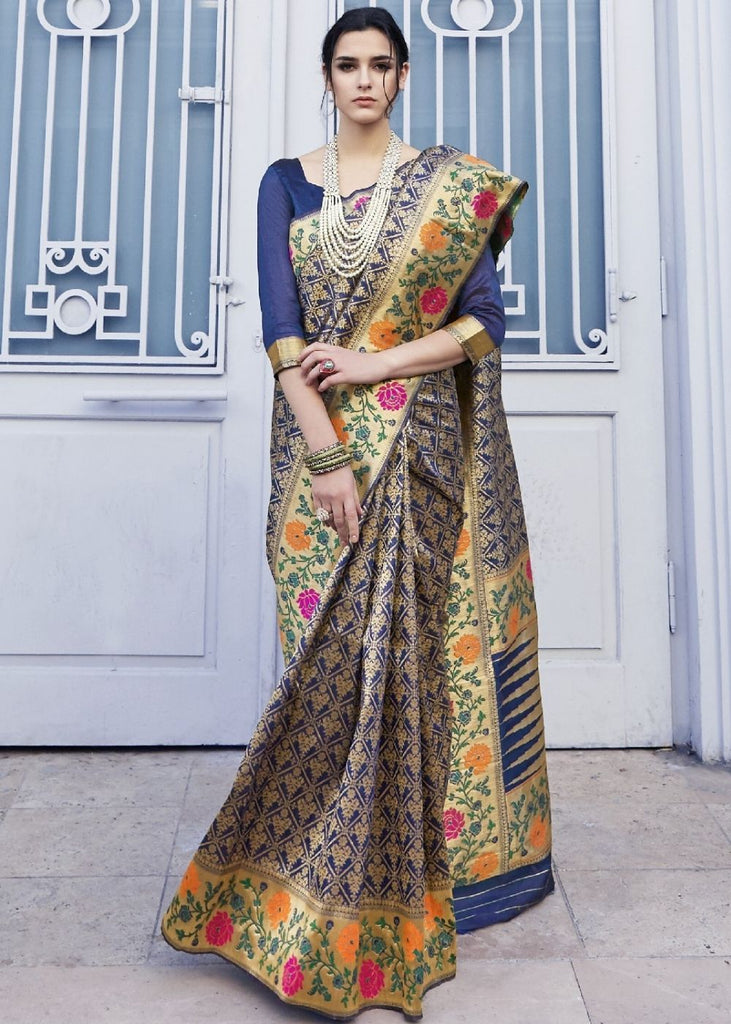 Azure Blue and Golden Blend Silk Saree with Floral Woven Border and Pallu Clothsvilla