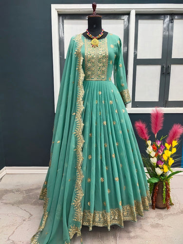 Designer Pista Green Color Embroidery Work Gown Clothsvilla