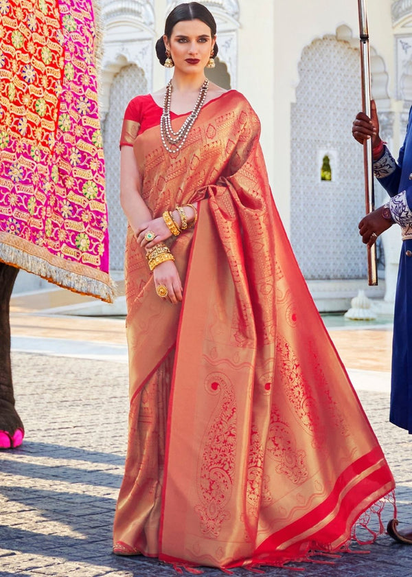 Cherry Red Handloom Weave Kanjivaram Silk Saree Clothsvilla