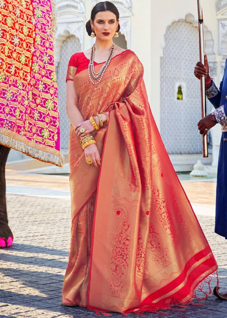 Cherry Red Handloom Weave Kanjivaram Silk Saree Clothsvilla