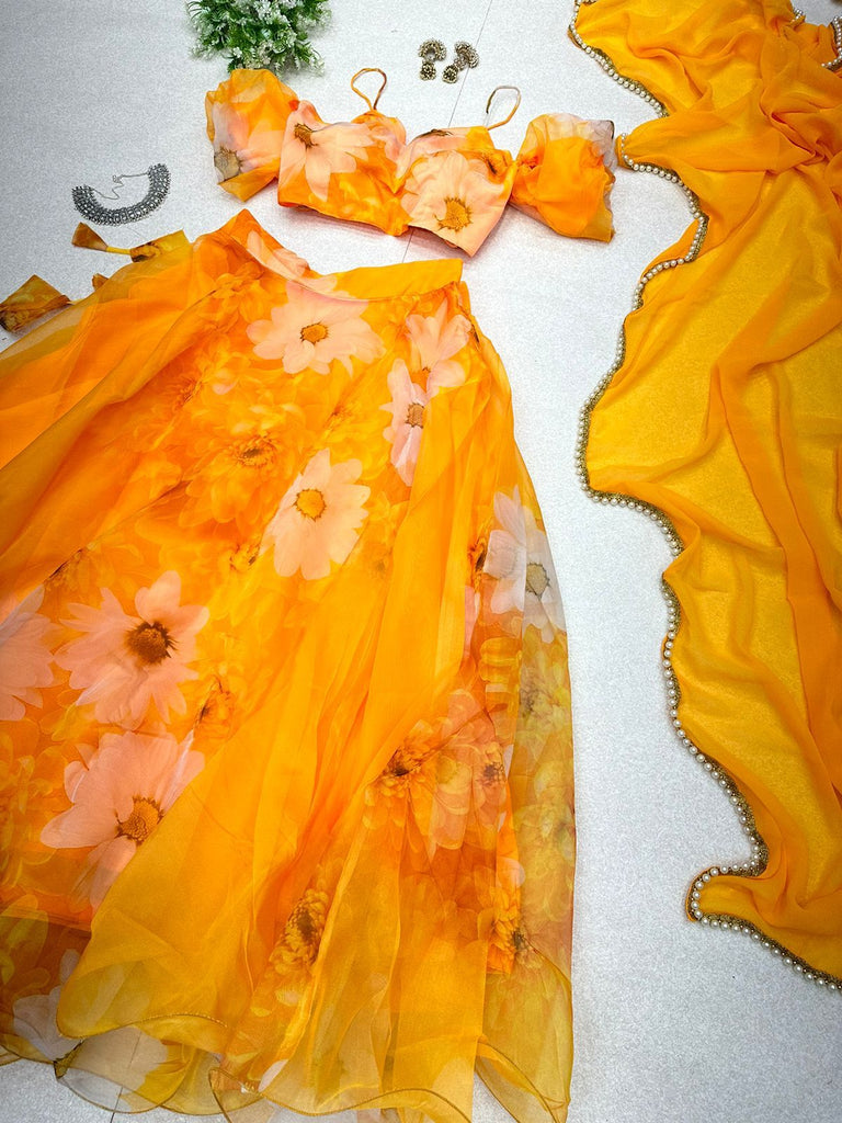 Outstanding Yellow Color Organza Lehenga Choli