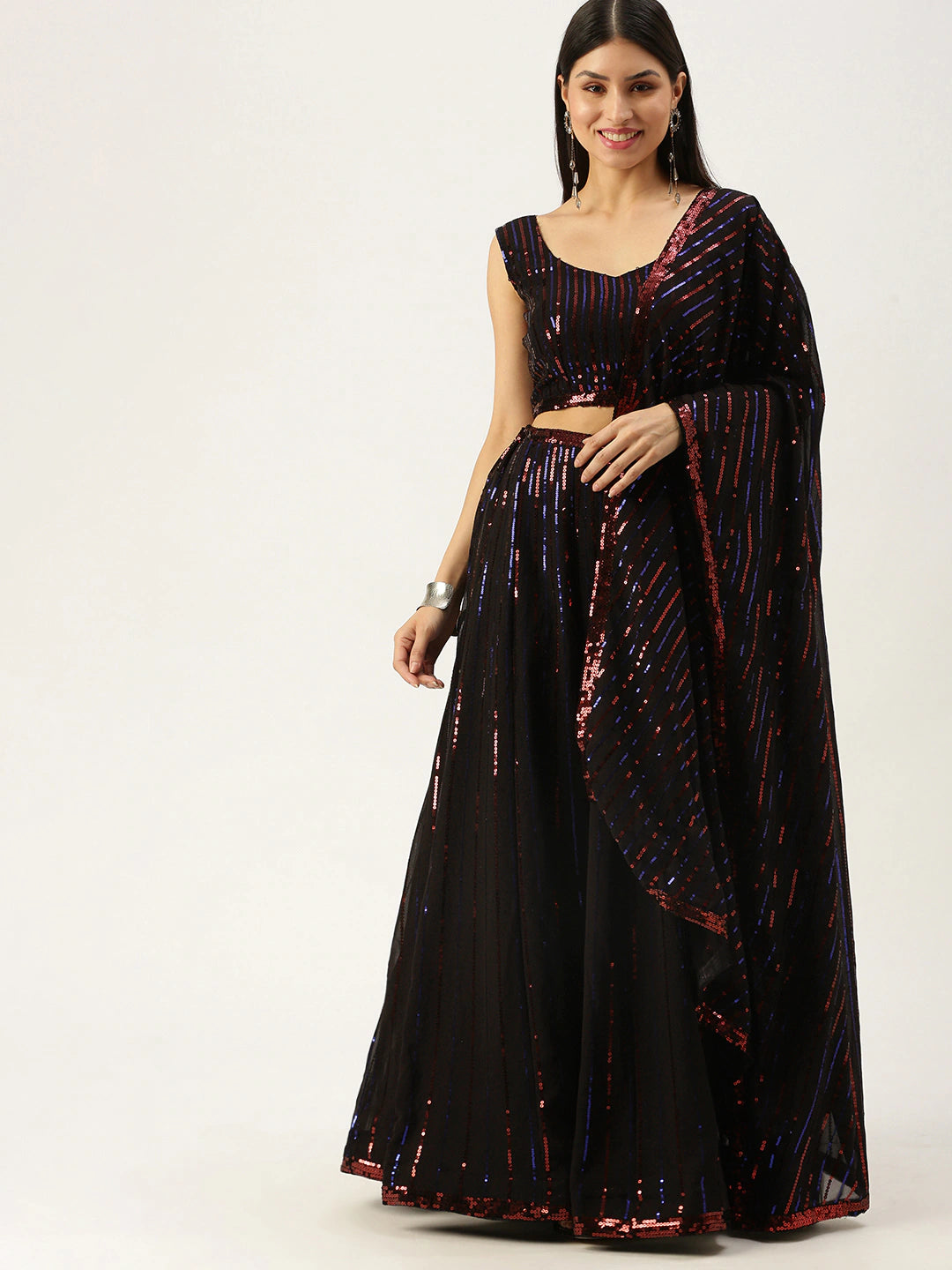 Black Embellished Sequinned Net Lehenga with Heavy Sequinned Dupatta ClothsVilla