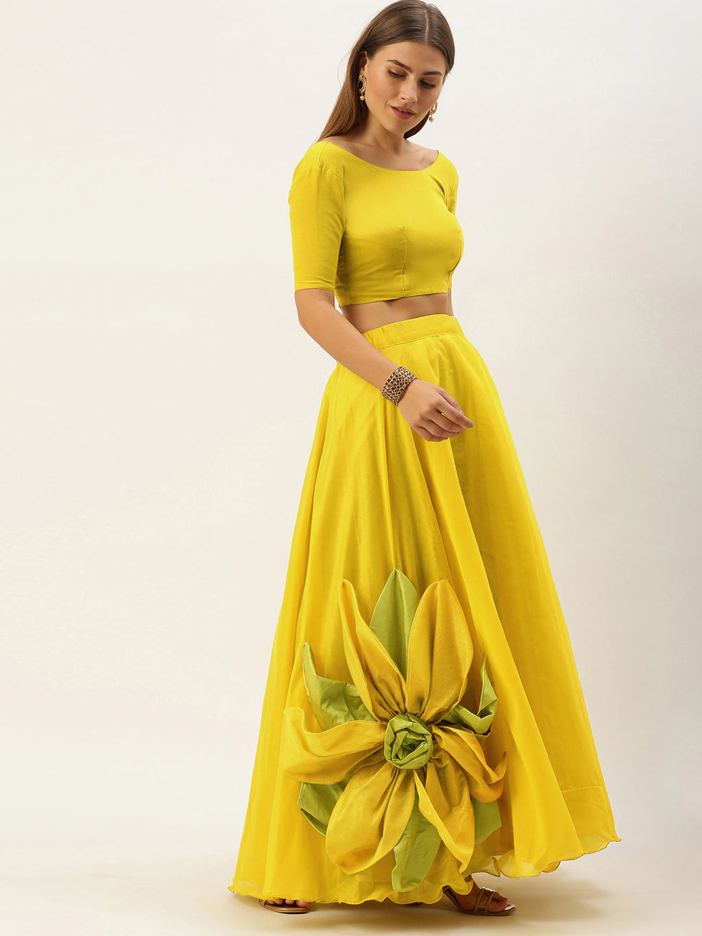 Yellow Silk Lehenga Choli with Flower attached ClothsVilla