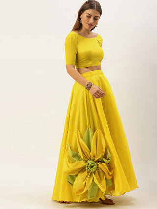 Yellow Silk Lehenga Choli with Flower attached ClothsVilla