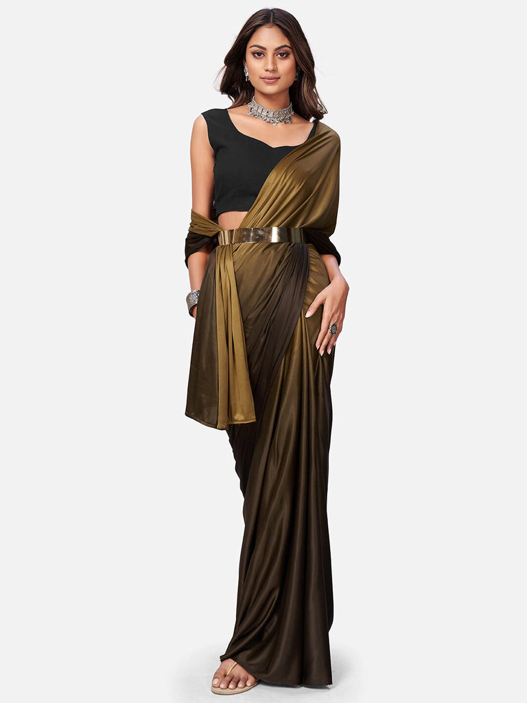 Gold Color Ready to wear Lycra saree with Metal Belt ClothsVilla