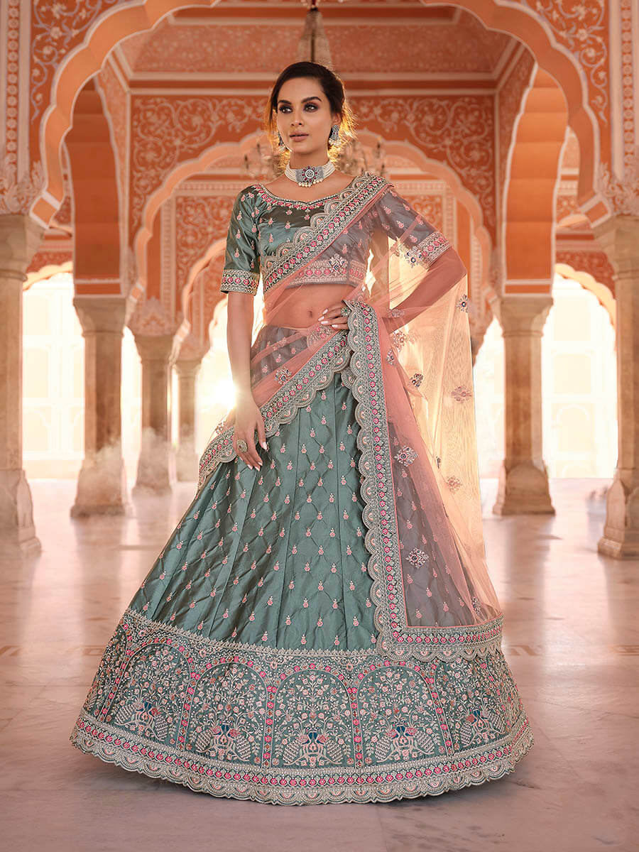 Rama Green Embroidered Designer Lehenga Choli Clothsvilla