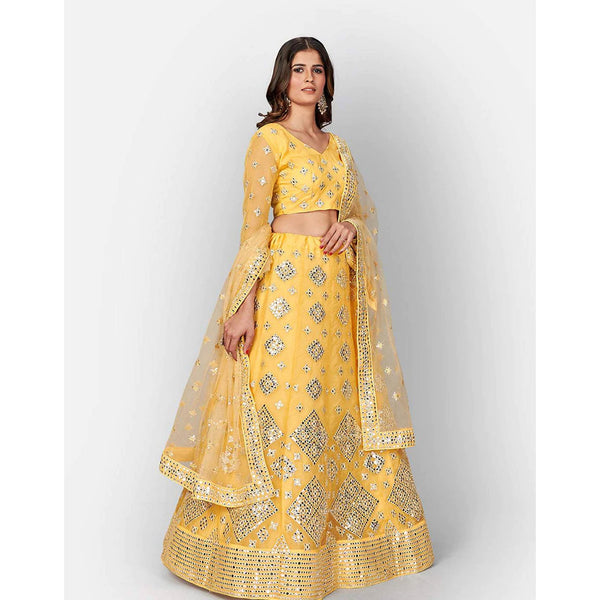 Mastrud Yellow Thread and Foil Mirror Cutwork Lehenga choli ClothsVilla