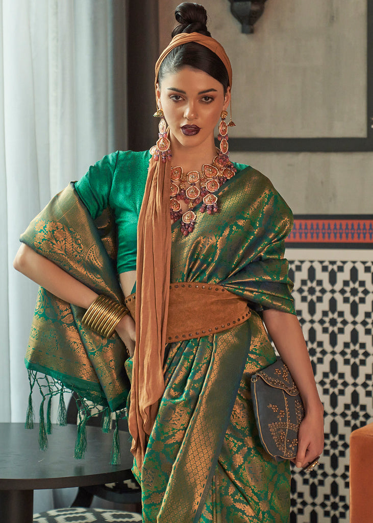 Viridian Green Two Tone Handloom Weaving Banarasi Silk Saree Clothsvilla