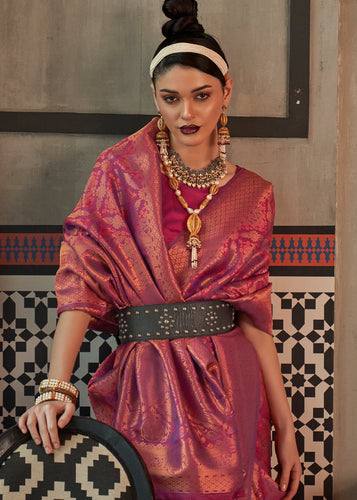 Hibiscus Maroon Red Two Tone Handloom Weaving Banarasi Silk Saree Clothsvilla