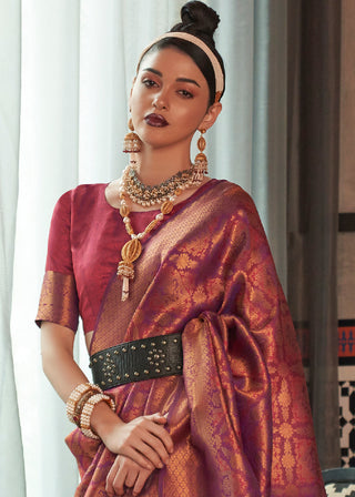 Hibiscus Maroon Red Two Tone Handloom Weaving Banarasi Silk Saree Clothsvilla