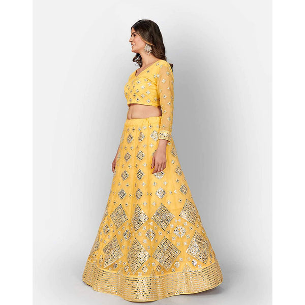 Mastrud Yellow Thread and Foil Mirror Cutwork Lehenga choli ClothsVilla