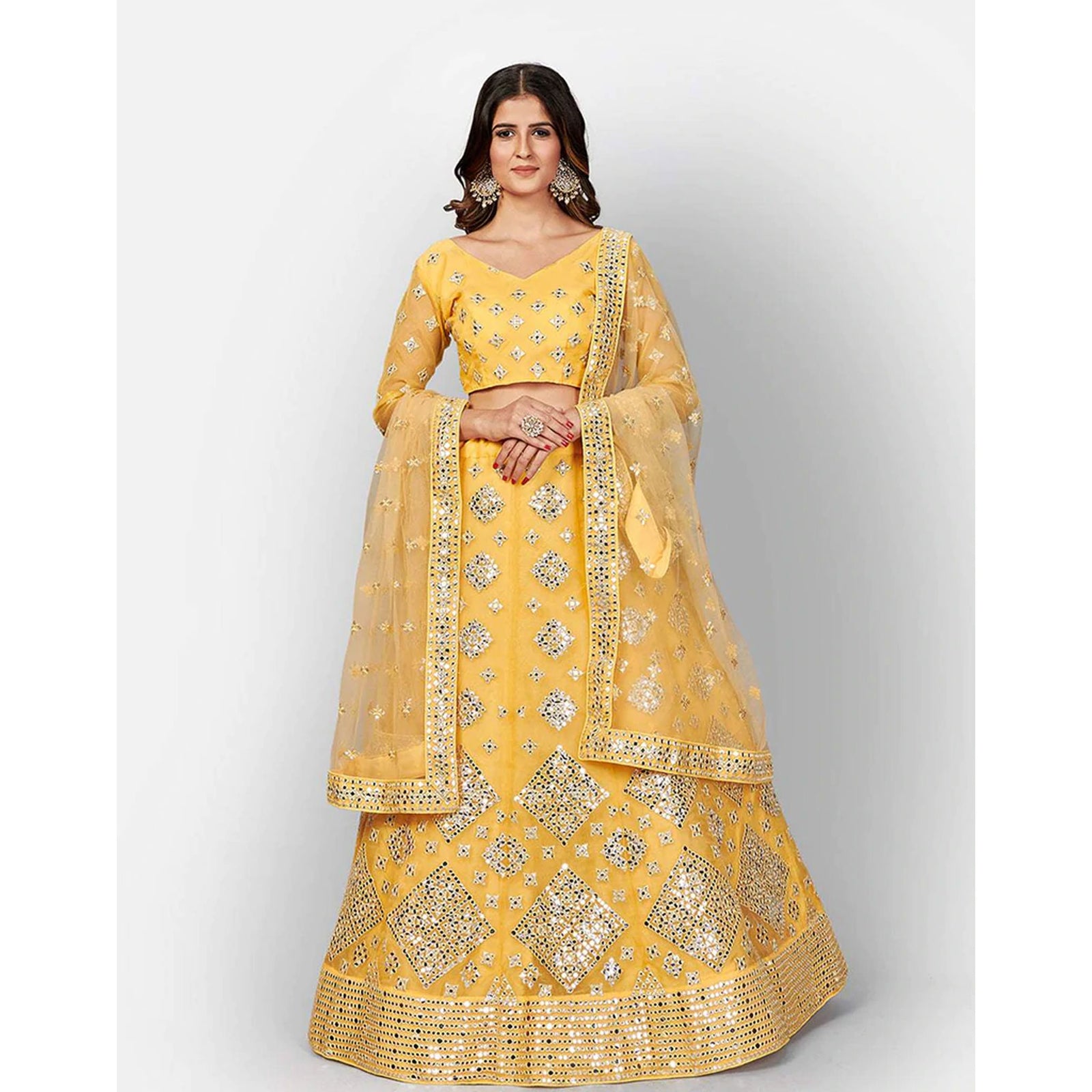 Mastrud Yellow Thread and Foil Mirror Cutwork Lehenga choli ClothsVilla