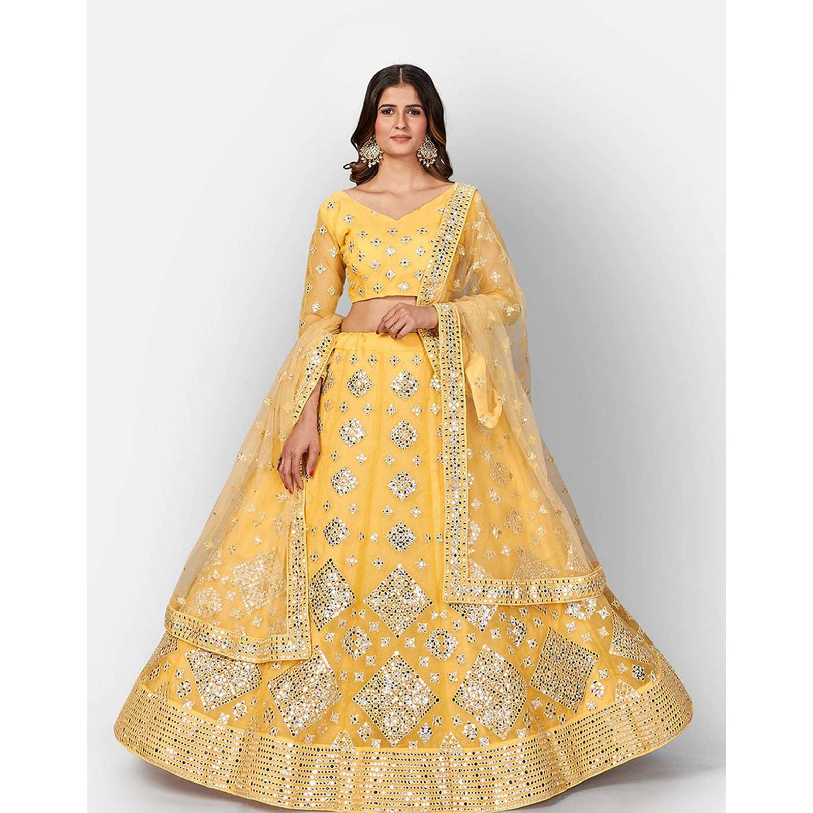 Mastrud Yellow Thread and Foil Mirror Cutwork Lehenga choli ClothsVilla