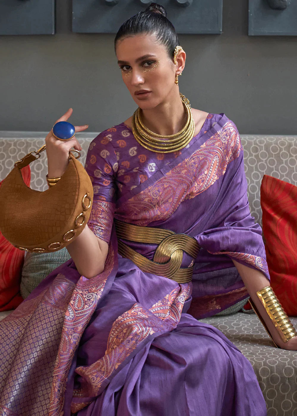 Indigo Purple Copper Zari Handloom Weaving Tussar Silk Saree Clothsvilla