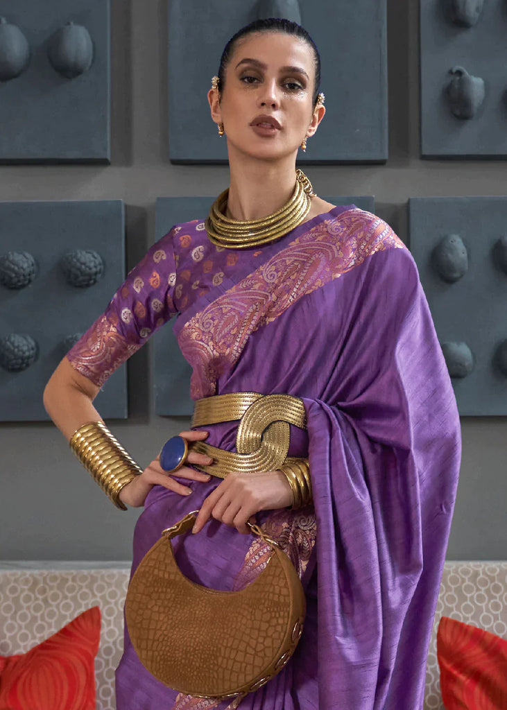 Indigo Purple Copper Zari Handloom Weaving Tussar Silk Saree Clothsvilla