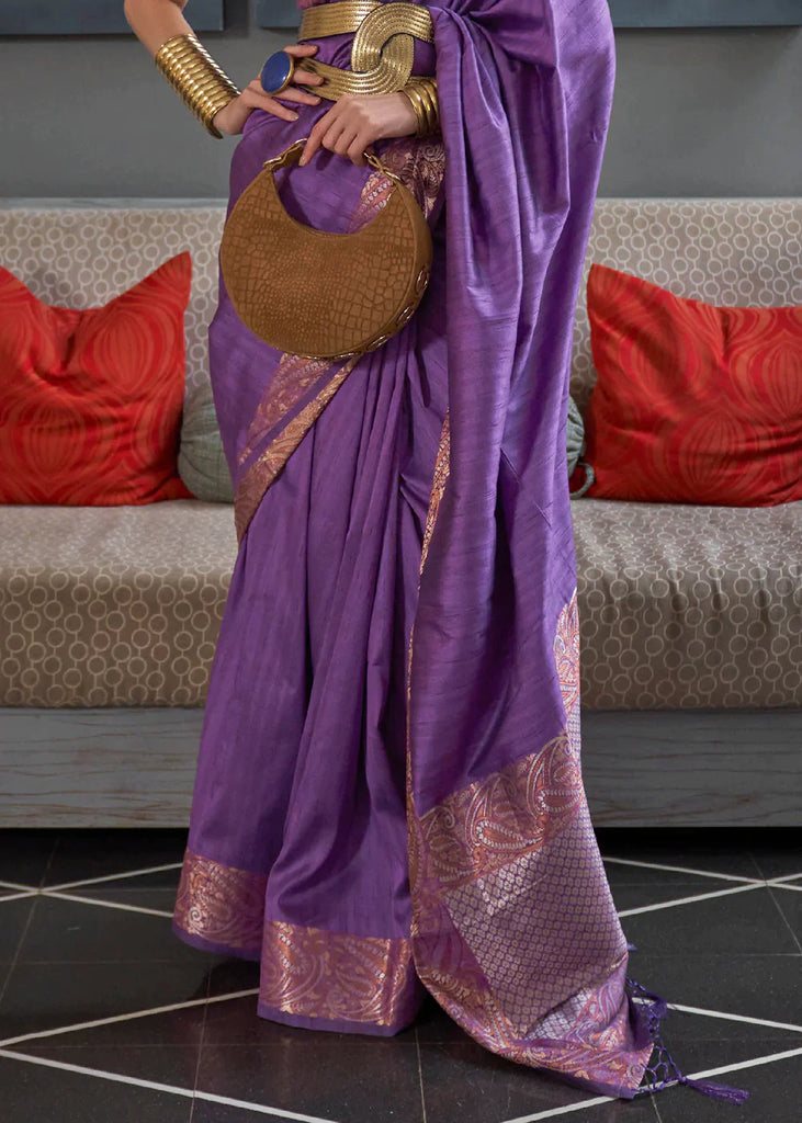 Indigo Purple Copper Zari Handloom Weaving Tussar Silk Saree Clothsvilla