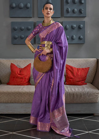 Indigo Purple Copper Zari Handloom Weaving Tussar Silk Saree Clothsvilla