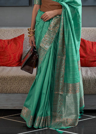 Dark Topaz Green Copper Zari Handloom Weaving Tussar Silk Saree Clothsvilla